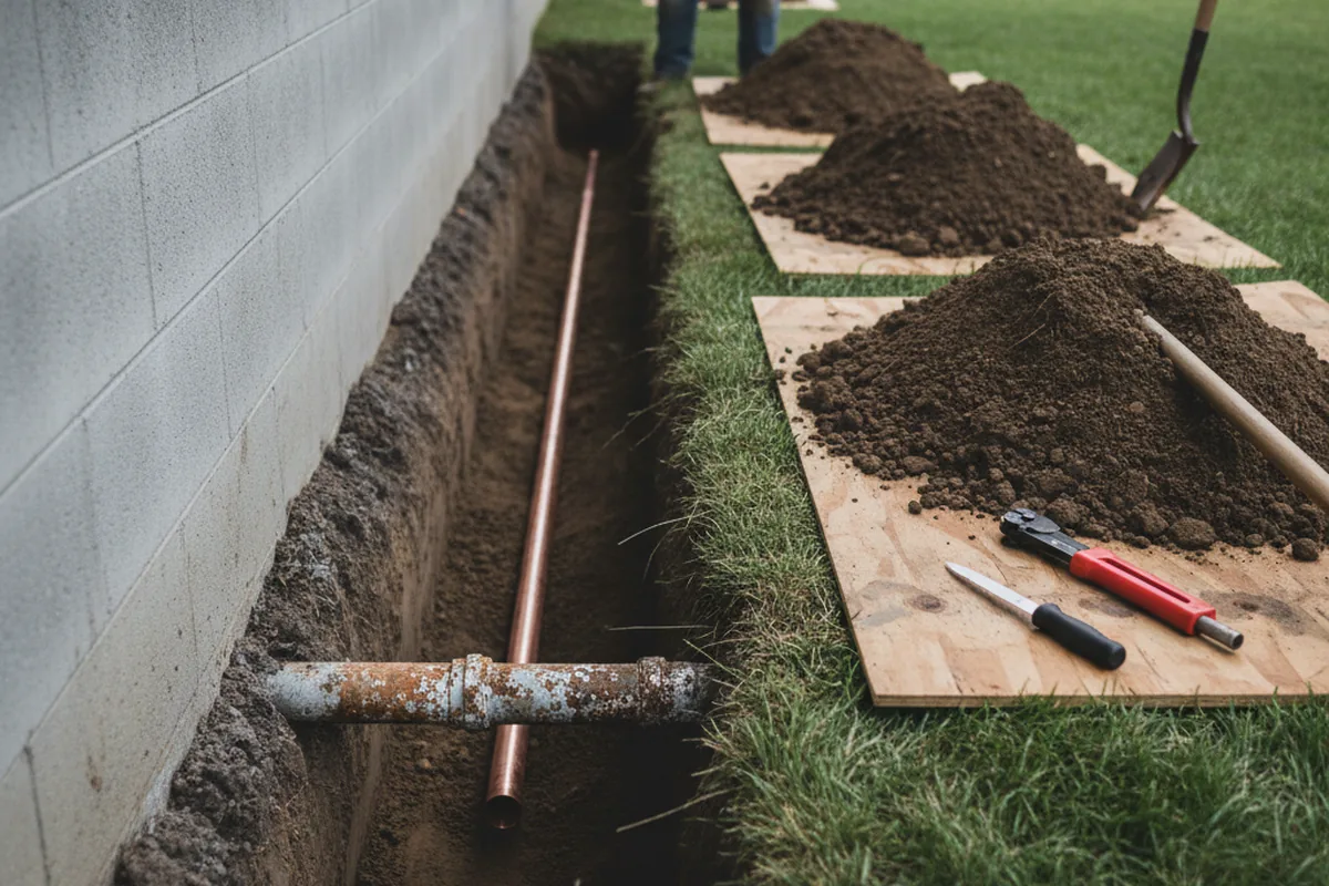 Excavated water line trench during Water Softener Installation in Piru